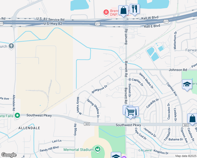 map of restaurants, bars, coffee shops, grocery stores, and more near 4618 Trailwood Drive in Wichita Falls