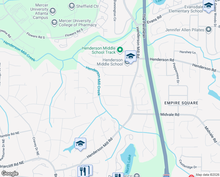 map of restaurants, bars, coffee shops, grocery stores, and more near 3269 Indian Valley Trail in Atlanta