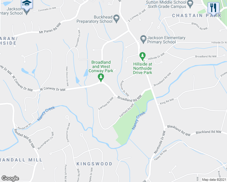 map of restaurants, bars, coffee shops, grocery stores, and more near 711 Broadland Road Northwest in Atlanta