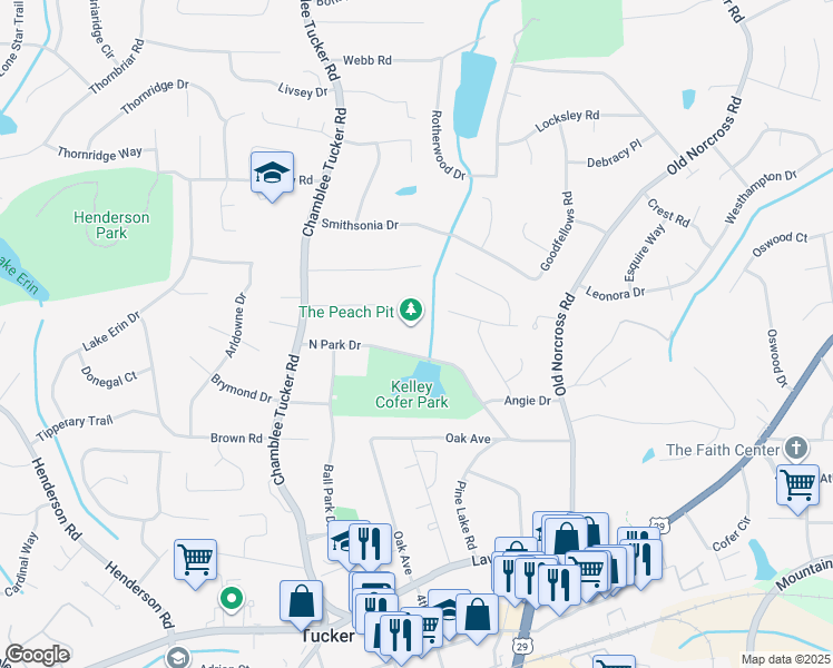 map of restaurants, bars, coffee shops, grocery stores, and more near 4276 North Park Drive in Tucker
