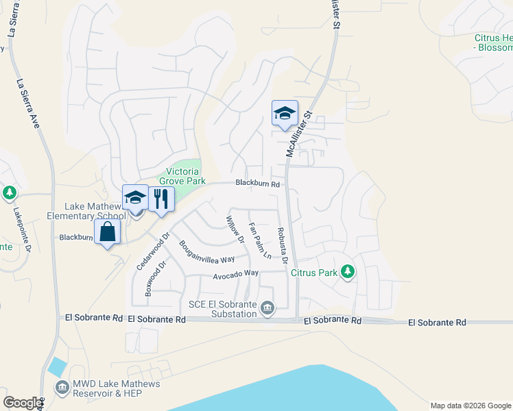 map of restaurants, bars, coffee shops, grocery stores, and more near 12734 Royal Palm Lane in Riverside