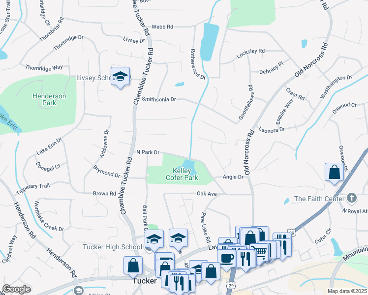 map of restaurants, bars, coffee shops, grocery stores, and more near 4276 North Park Drive in Tucker
