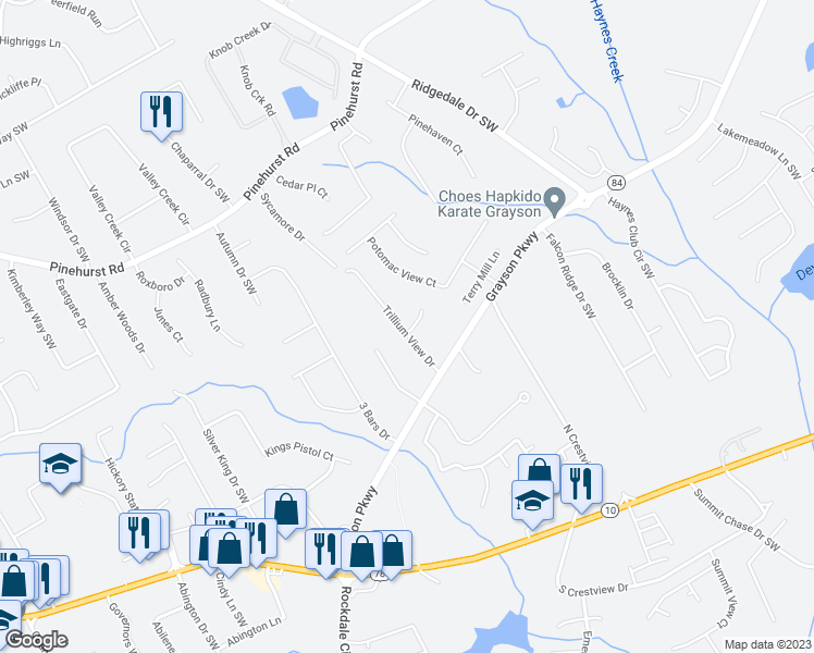 map of restaurants, bars, coffee shops, grocery stores, and more near 2532 Trillium View Drive in Grayson