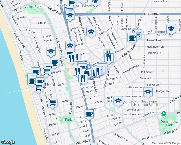 map of restaurants, bars, coffee shops, grocery stores, and more near 867 Aubrey Court in Hermosa Beach