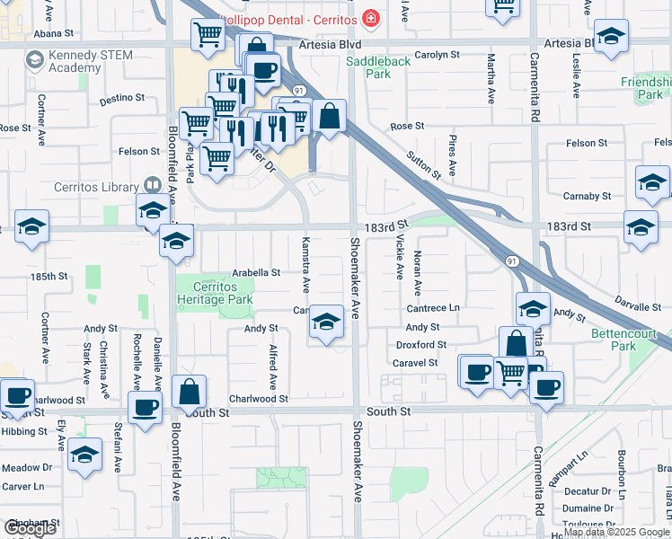 map of restaurants, bars, coffee shops, grocery stores, and more near 12941 Arabella Place in Cerritos