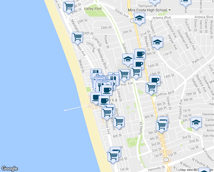 map of restaurants, bars, coffee shops, grocery stores, and more near 1424 Manhattan Avenue in Hermosa Beach