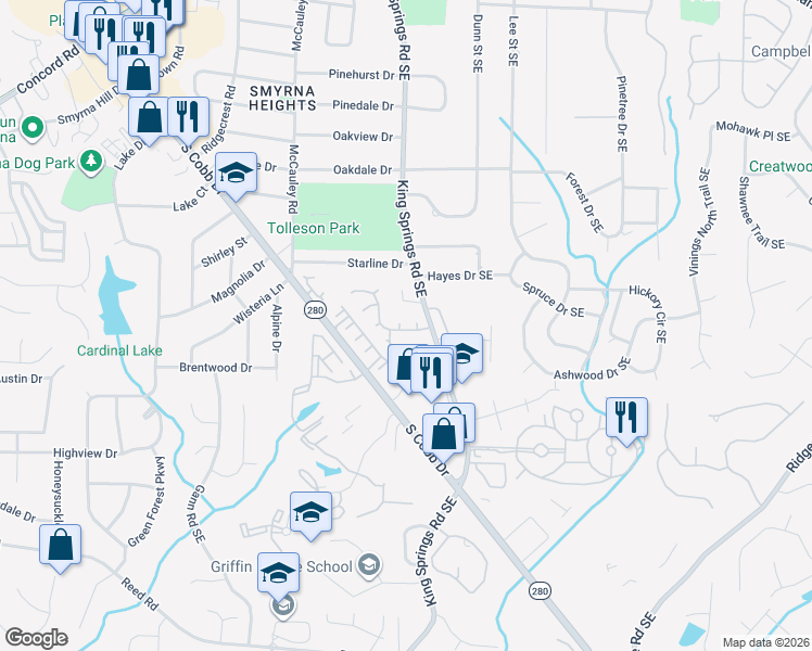 map of restaurants, bars, coffee shops, grocery stores, and more near 302 Berkeley Court Southeast in Smyrna