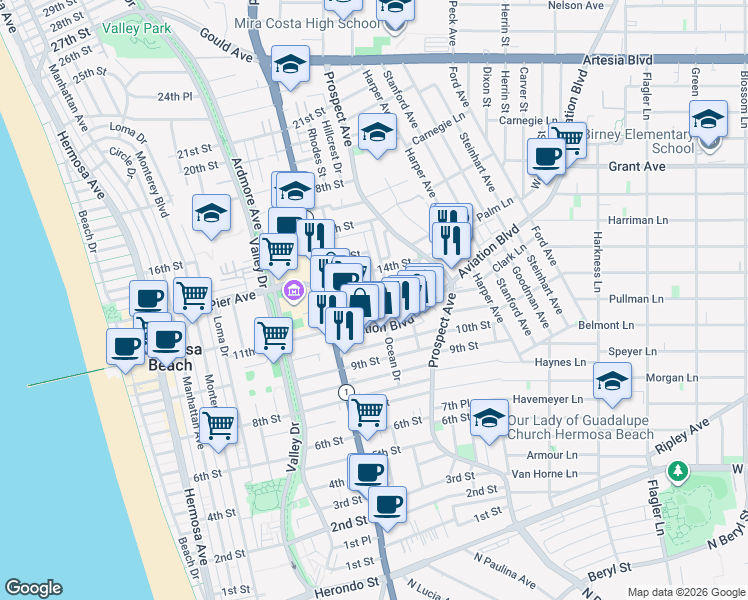 map of restaurants, bars, coffee shops, grocery stores, and more near 867 Aubrey Court in Hermosa Beach