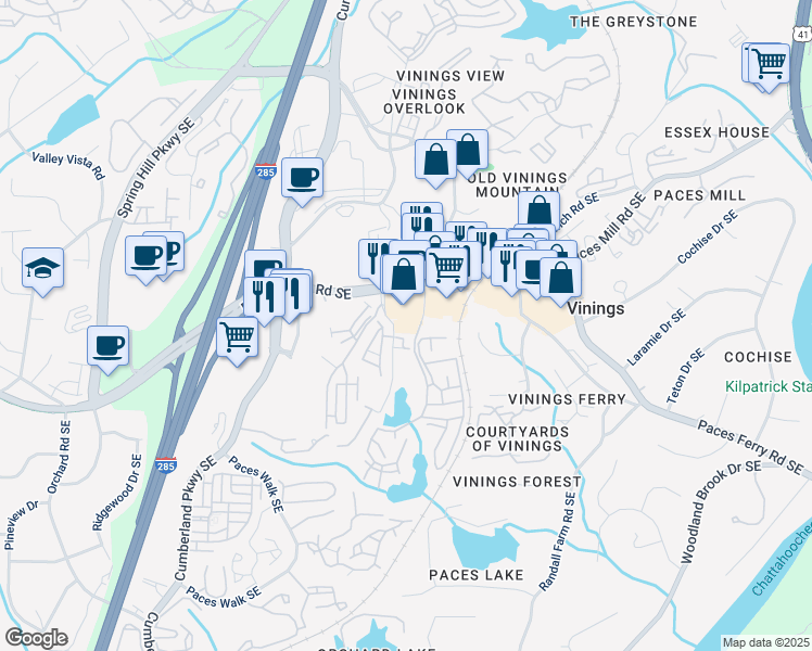 map of restaurants, bars, coffee shops, grocery stores, and more near 3621 Vinings Slope Southeast in Atlanta