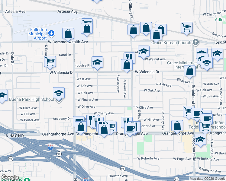 map of restaurants, bars, coffee shops, grocery stores, and more near 2413 West Oak Avenue in Fullerton