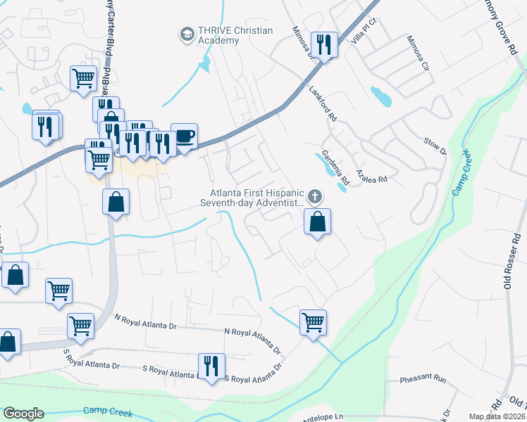 map of restaurants, bars, coffee shops, grocery stores, and more near 6202 Thorncrest Drive in Tucker