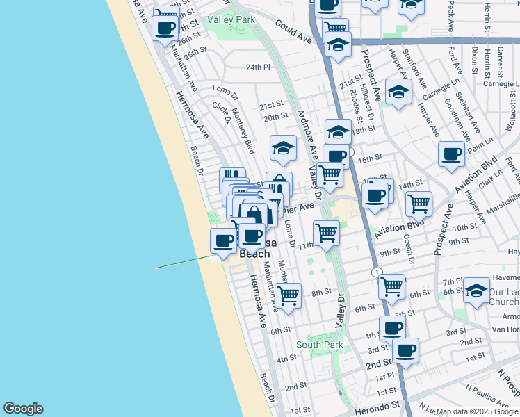 map of restaurants, bars, coffee shops, grocery stores, and more near 1424 Manhattan Avenue in Hermosa Beach