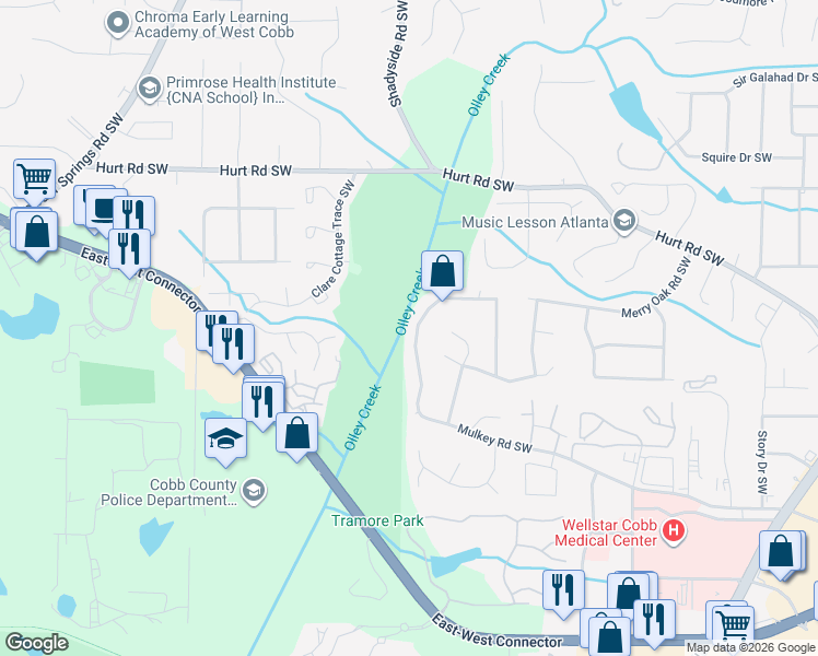 map of restaurants, bars, coffee shops, grocery stores, and more near 2069 Mulkey Road Southwest in Marietta