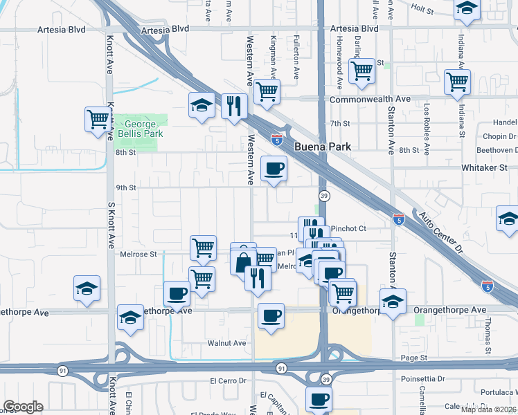 map of restaurants, bars, coffee shops, grocery stores, and more near 6631 Kingman Avenue in Buena Park