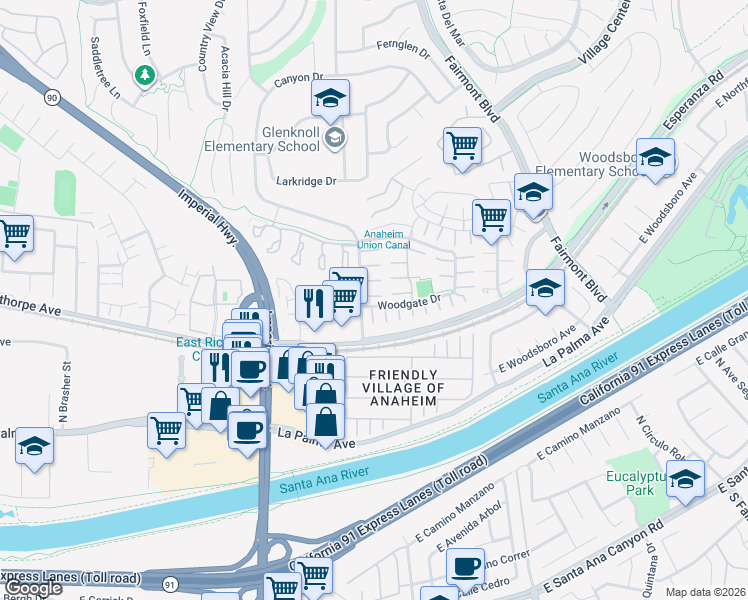 map of restaurants, bars, coffee shops, grocery stores, and more near in Yorba Linda