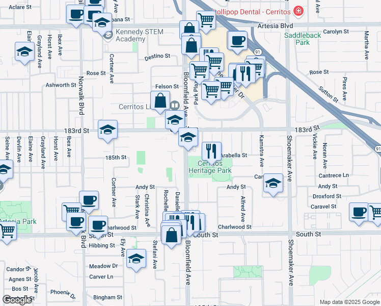 map of restaurants, bars, coffee shops, grocery stores, and more near in Cerritos