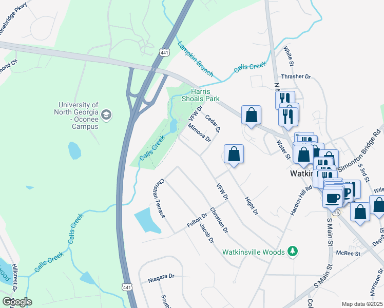 map of restaurants, bars, coffee shops, grocery stores, and more near 161 VFW Drive in Watkinsville