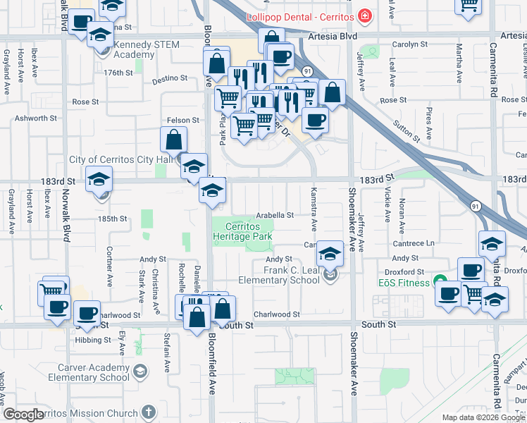 map of restaurants, bars, coffee shops, grocery stores, and more near 18422 Winslow Place in Cerritos