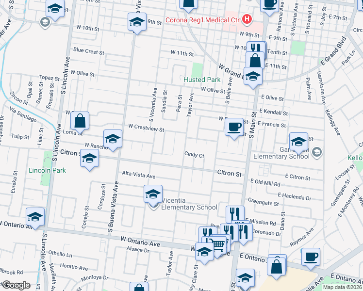 map of restaurants, bars, coffee shops, grocery stores, and more near 1692 Taylor Avenue in Corona