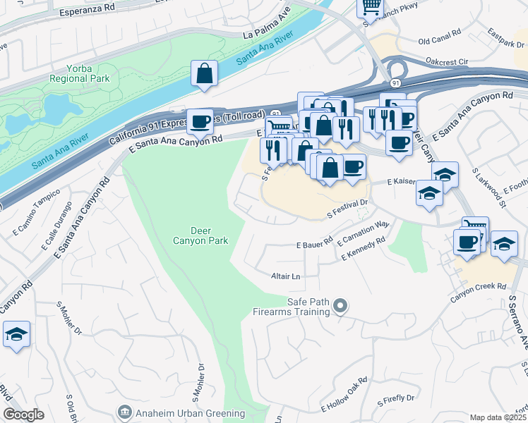 map of restaurants, bars, coffee shops, grocery stores, and more near 225 South Festival Drive in Anaheim