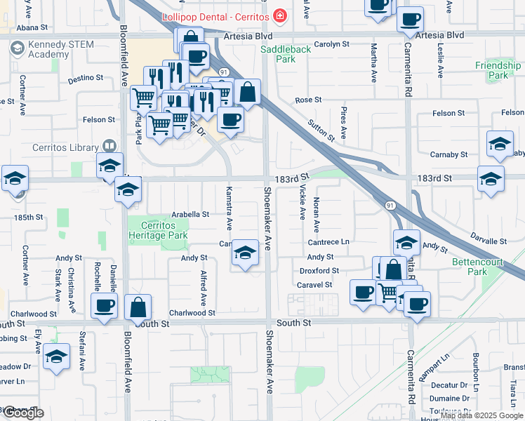 map of restaurants, bars, coffee shops, grocery stores, and more near 12941 Arabella Place in Cerritos