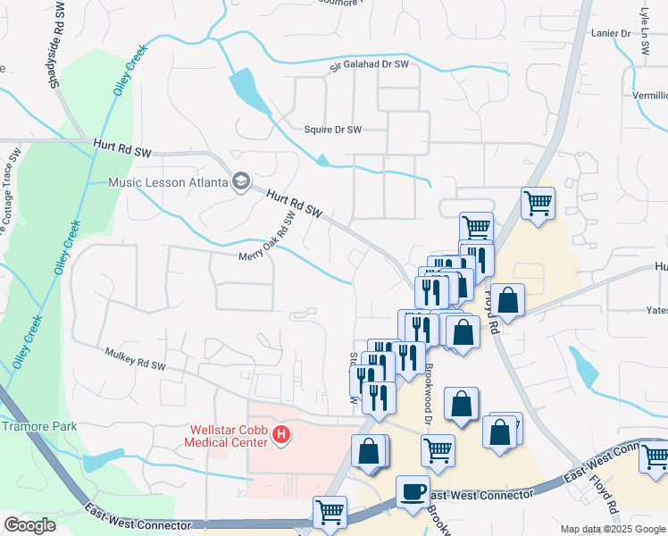 map of restaurants, bars, coffee shops, grocery stores, and more near 3617 Janna Lane Southwest in Marietta