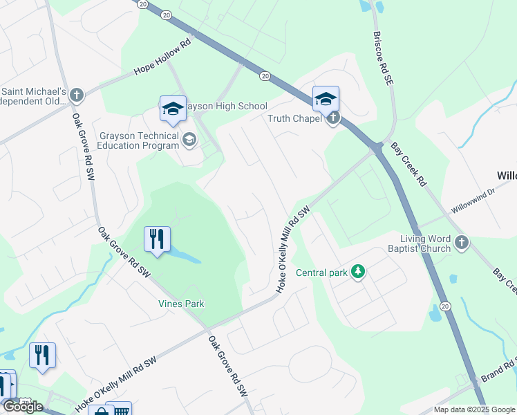 map of restaurants, bars, coffee shops, grocery stores, and more near 3304 Hideaway Lane in Loganville