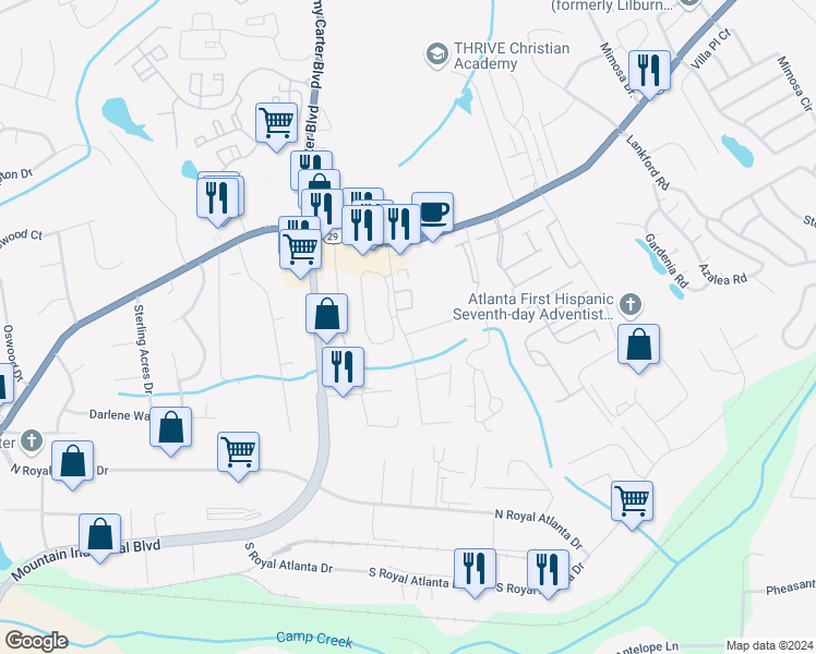 map of restaurants, bars, coffee shops, grocery stores, and more near 5000 Leeshire Trail in Tucker