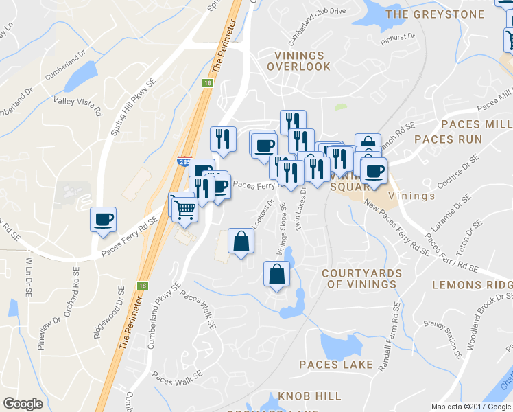 map of restaurants, bars, coffee shops, grocery stores, and more near 2793 Paces Lookout Lane Southeast in Atlanta