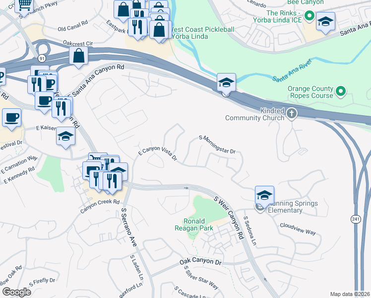 map of restaurants, bars, coffee shops, grocery stores, and more near 519 South Morningstar Drive in Anaheim