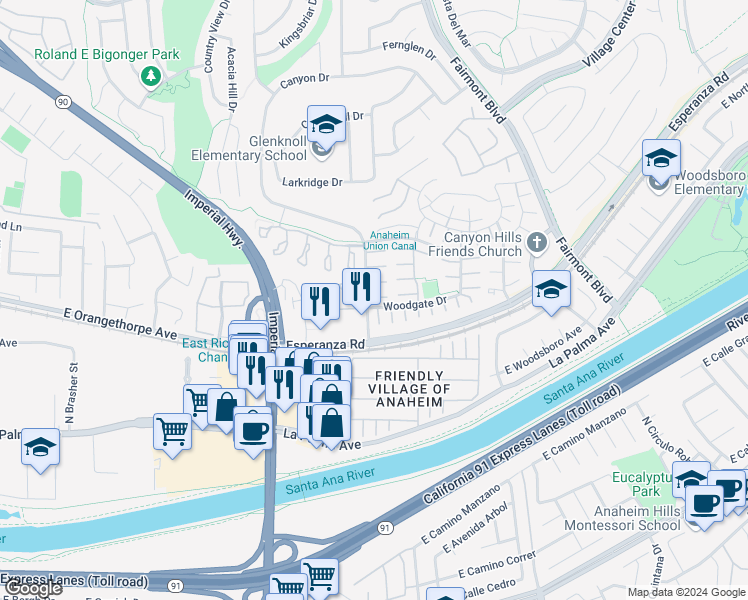 map of restaurants, bars, coffee shops, grocery stores, and more near 6811 Blue Ridge Court in Yorba Linda
