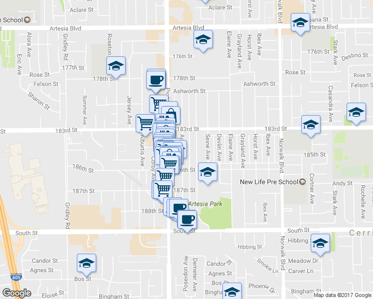 map of restaurants, bars, coffee shops, grocery stores, and more near 18429 Clarkdale Avenue in Artesia