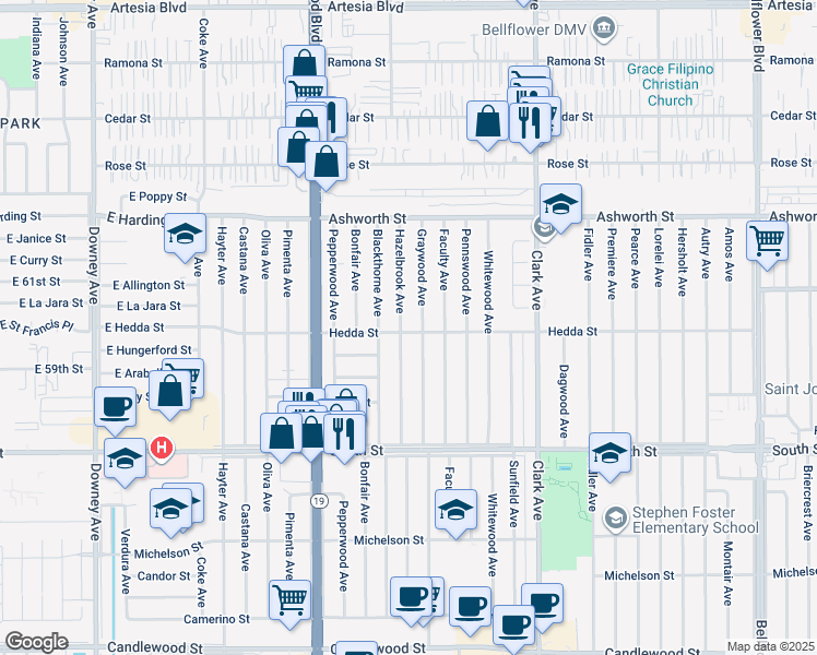 map of restaurants, bars, coffee shops, grocery stores, and more near 4614 Hedda Street in Lakewood