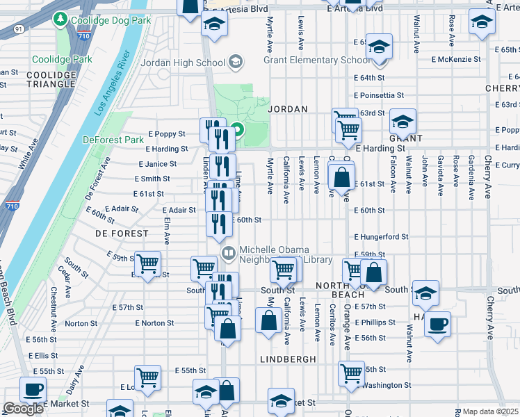 map of restaurants, bars, coffee shops, grocery stores, and more near 5993 Myrtle Avenue in Long Beach