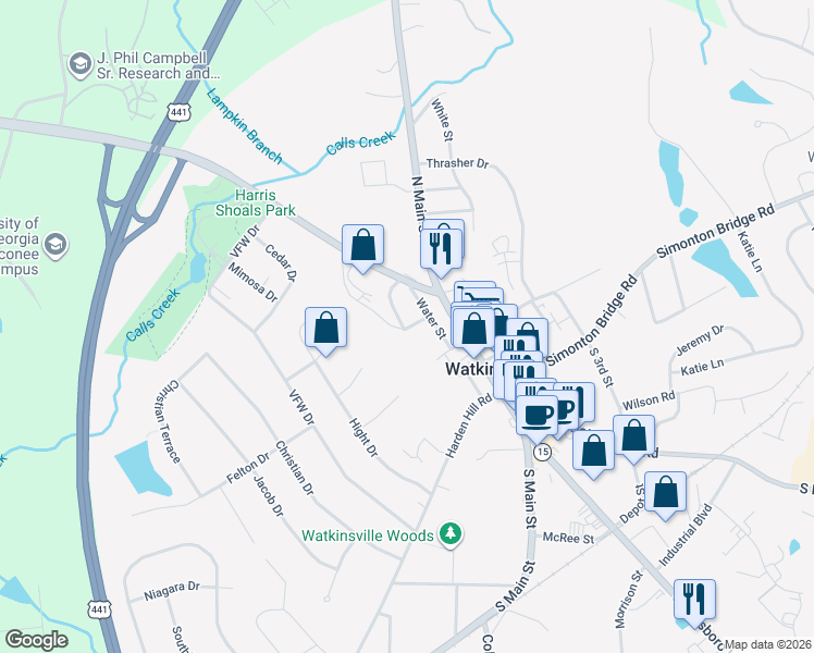 map of restaurants, bars, coffee shops, grocery stores, and more near 22 Durham Street in Watkinsville