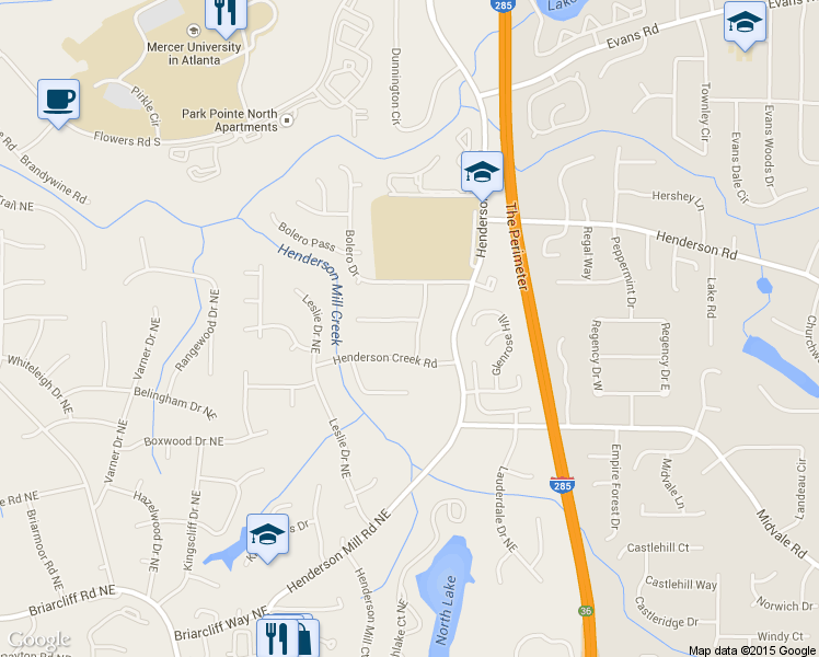 map of restaurants, bars, coffee shops, grocery stores, and more near 3299 Indian Valley Trail in Chamblee