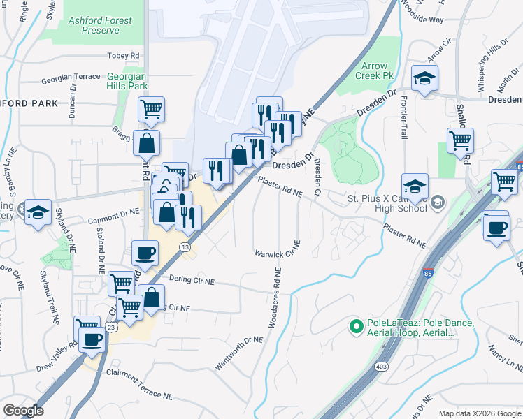 map of restaurants, bars, coffee shops, grocery stores, and more near 2648 Warwick Circle Northeast in Atlanta