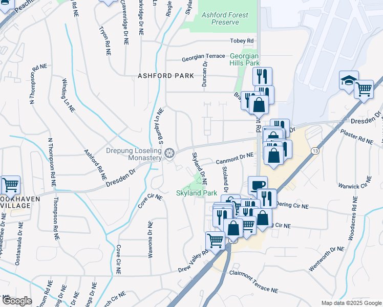 map of restaurants, bars, coffee shops, grocery stores, and more near 1831 Dresden Drive Northeast in Atlanta