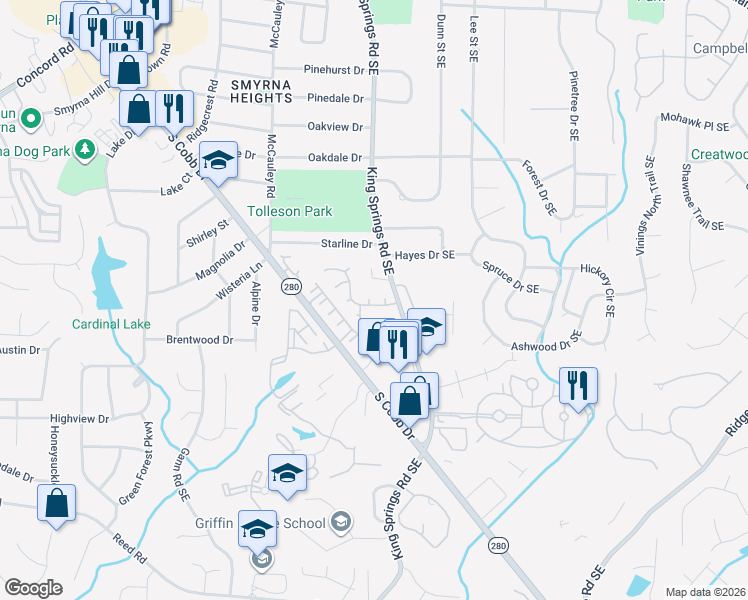 map of restaurants, bars, coffee shops, grocery stores, and more near 302 Berkeley Court Southeast in Smyrna