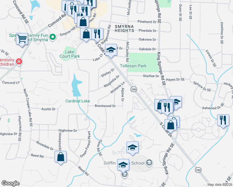 map of restaurants, bars, coffee shops, grocery stores, and more near 3686 Crestview Drive in Smyrna