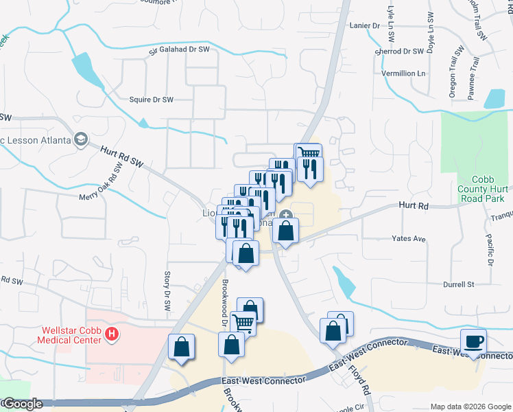 map of restaurants, bars, coffee shops, grocery stores, and more near 3670 Austell Road Southwest in Marietta