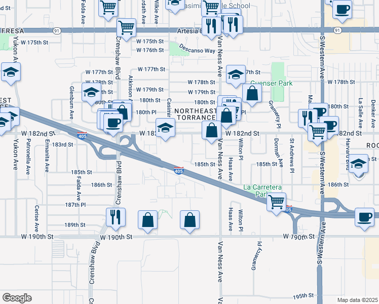 map of restaurants, bars, coffee shops, grocery stores, and more near 2330 184th Street in Torrance