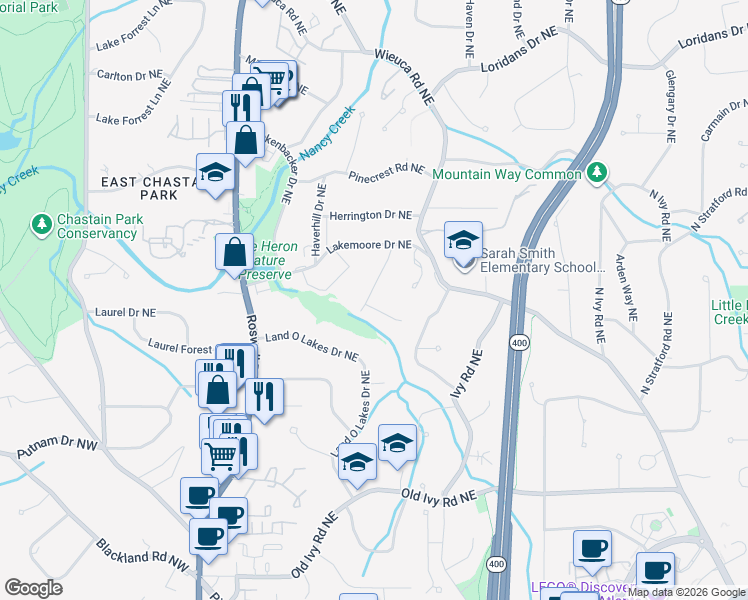 map of restaurants, bars, coffee shops, grocery stores, and more near 1 Emma Lane Northeast in Atlanta