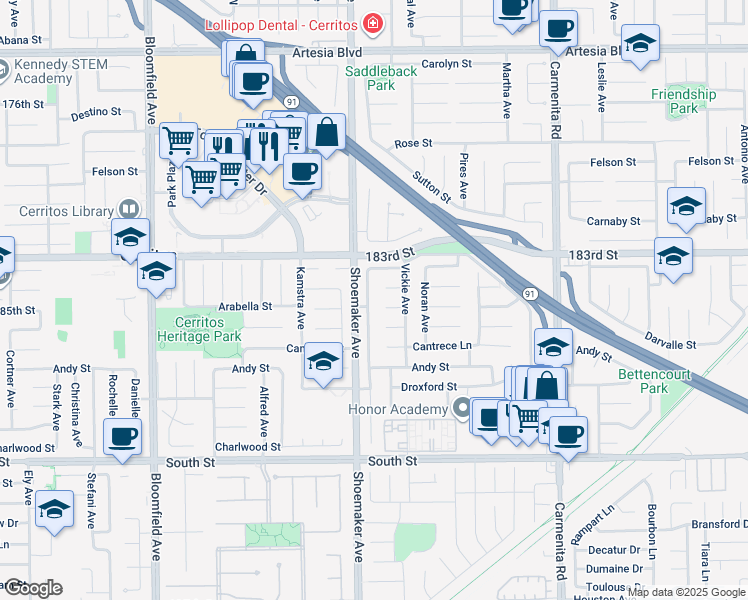 map of restaurants, bars, coffee shops, grocery stores, and more near 18418 Jeffrey Avenue in Cerritos