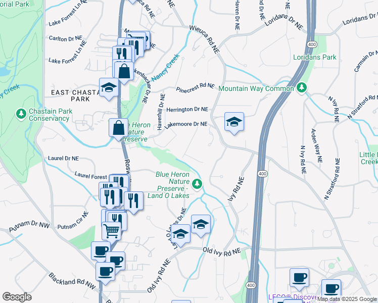 map of restaurants, bars, coffee shops, grocery stores, and more near 462 Emily Reed Lane in Atlanta