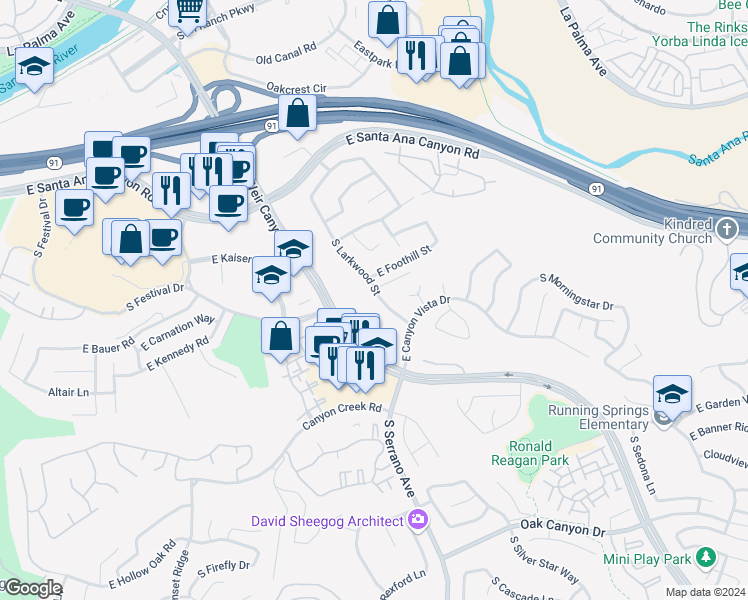 map of restaurants, bars, coffee shops, grocery stores, and more near 323 South Larkwood Street in Anaheim