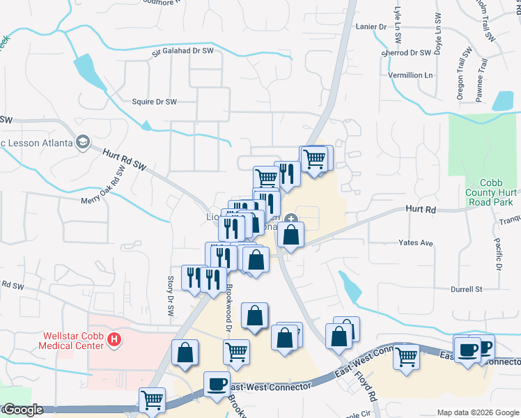map of restaurants, bars, coffee shops, grocery stores, and more near 3670 Austell Road Southwest in Marietta