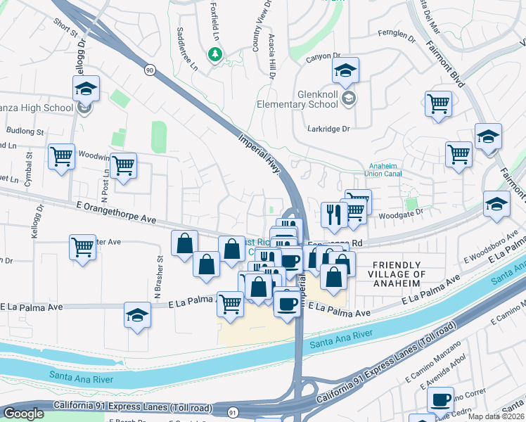 map of restaurants, bars, coffee shops, grocery stores, and more near 5601 East Orangethorpe Avenue in Anaheim