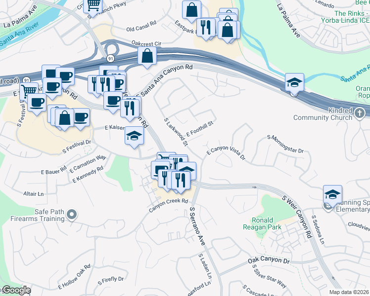 map of restaurants, bars, coffee shops, grocery stores, and more near 323 South Larkwood Street in Anaheim