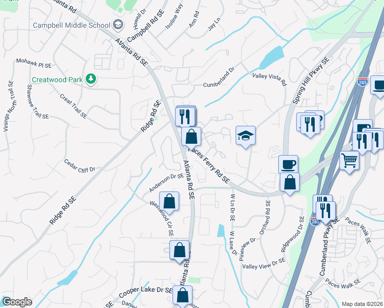 map of restaurants, bars, coffee shops, grocery stores, and more near 2110 Paces Ferry Road Southeast in Smyrna